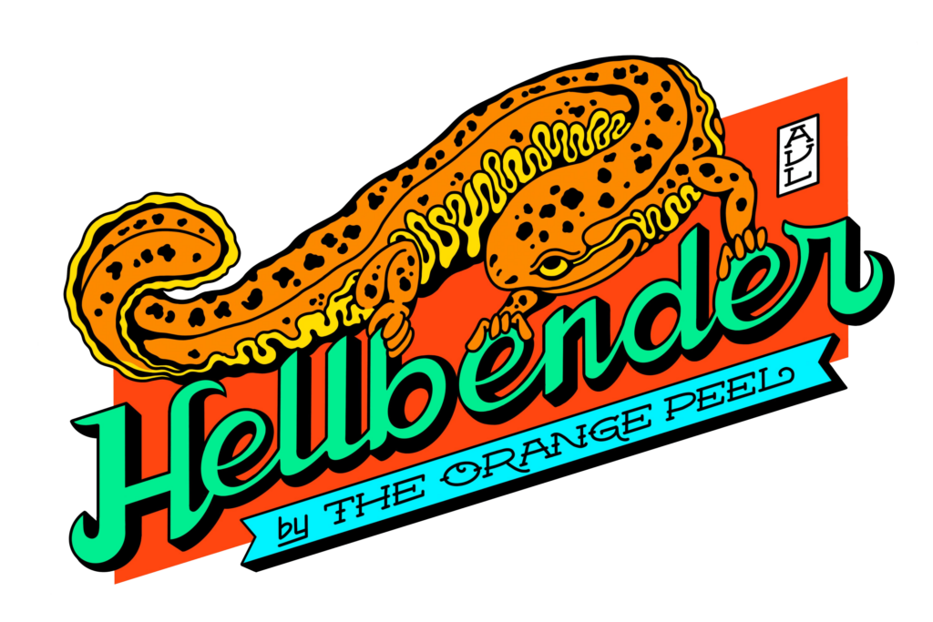 Hellbender by the Orange Peel with a Hellbender salamander above the text.
